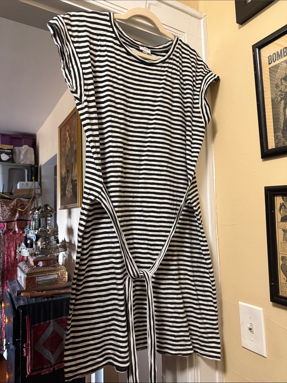 J. Crew tie waist shirt dress T-shirt tunic black white stripe L cotton